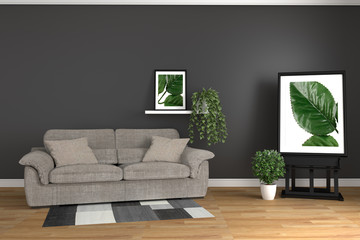 Room modern loft style with plants and sofa. 3D rendering