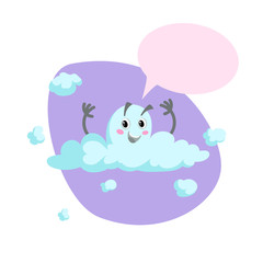 Cartoon smiling blue cloud mascot. Weather and summer symbol. Speaking character with dummy speech bubble and little clouds. Vector illustration icon.