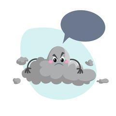Cartoon overcast storm cloud mascot. Weather rain. and storm symbol. Speaking character with dummy speech bubble and little clouds. Vector illustration icon.