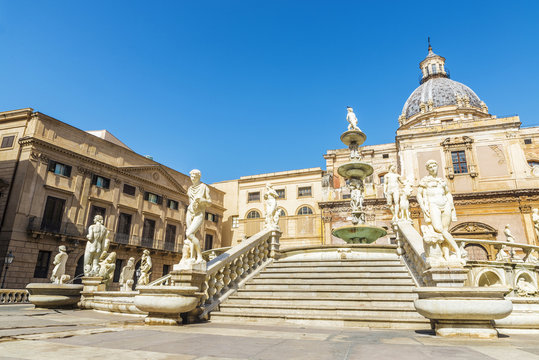 The Praetorian Fountain (Fontana Pretoria) in Palermo in Sicily, Italy