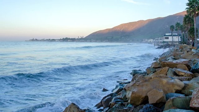 Time lapse shot of the California coast, ocean and waves during a king tide in Ventura.