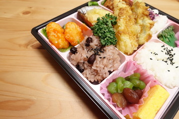 Japanese style bento (rice plate), with 7 types of dishes.