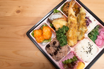 Japanese style bento (rice plate), with 7 types of dishes.