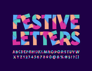 Vector sliced abstract colorful Festive Letters. Bright mosaic Font. Original Alphabet, Numbers and Symbols for Children Party