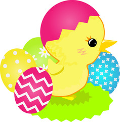 Chick in cap and dyed Easter eggs