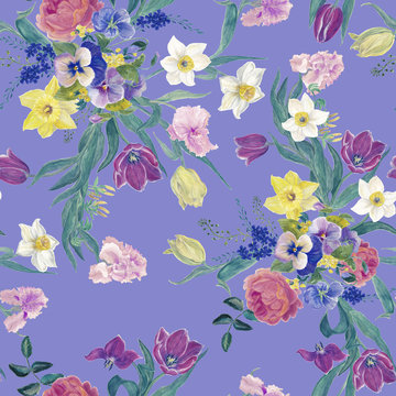 Watercolor painting seamless pattern with spring flowers
