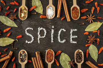 Various spices in wooden spoons  on dark  table