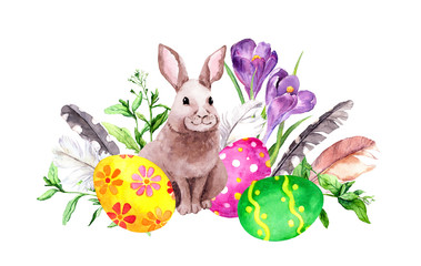 Easter bunny with colored eggs, grass, crocus flowers, feathers. Watercolor