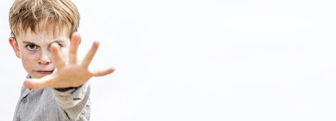 child with hand forwards defending himself or acting bully, banner