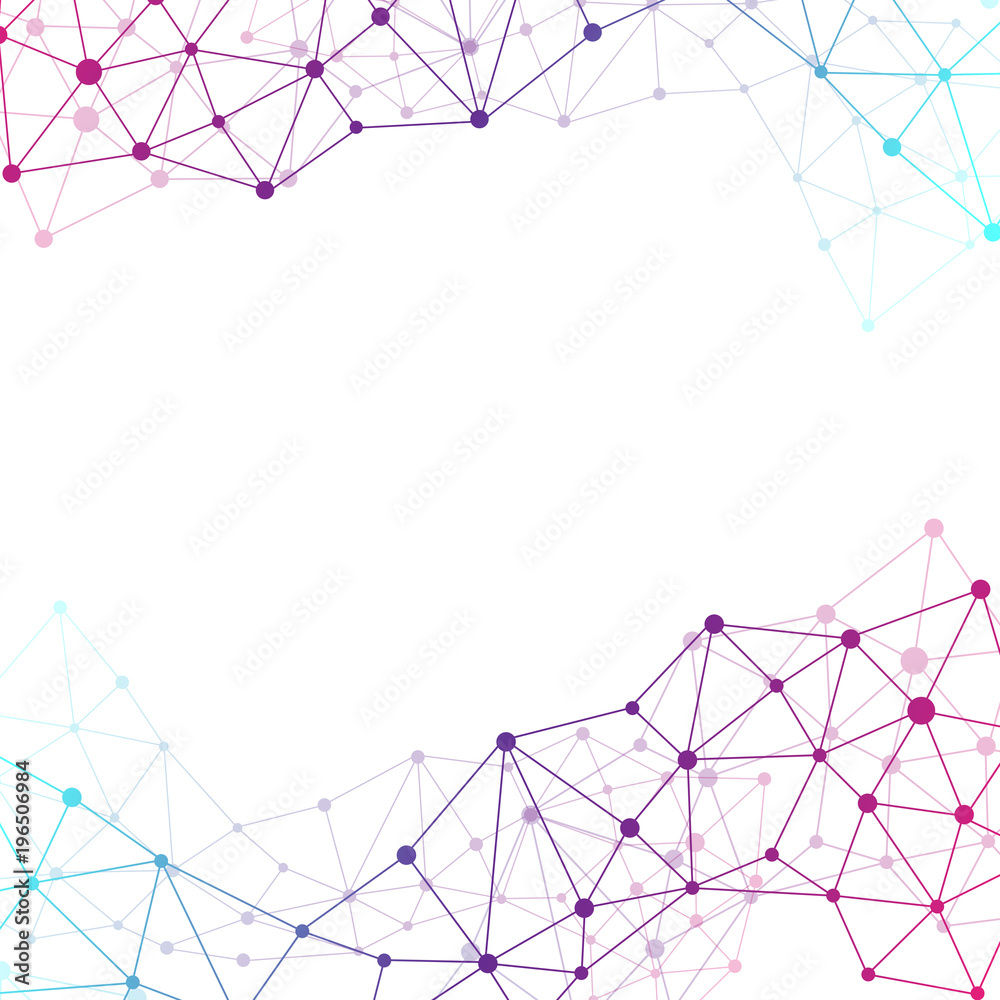 Poster colorful graphic illustration molecule and communication. connected lines with dots for your design