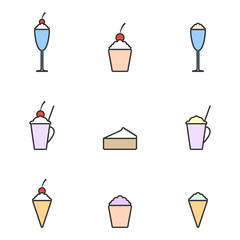 Set of colored icons icecream linear art. Dessert food, sweet and cold, vector illustration. Cartoon.