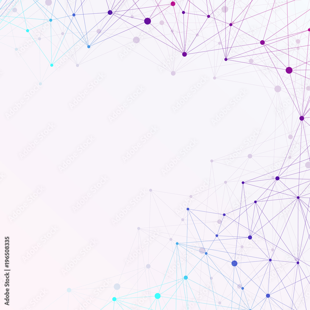 Poster colorful graphic background with connected line and dots. molecule and communication background for 