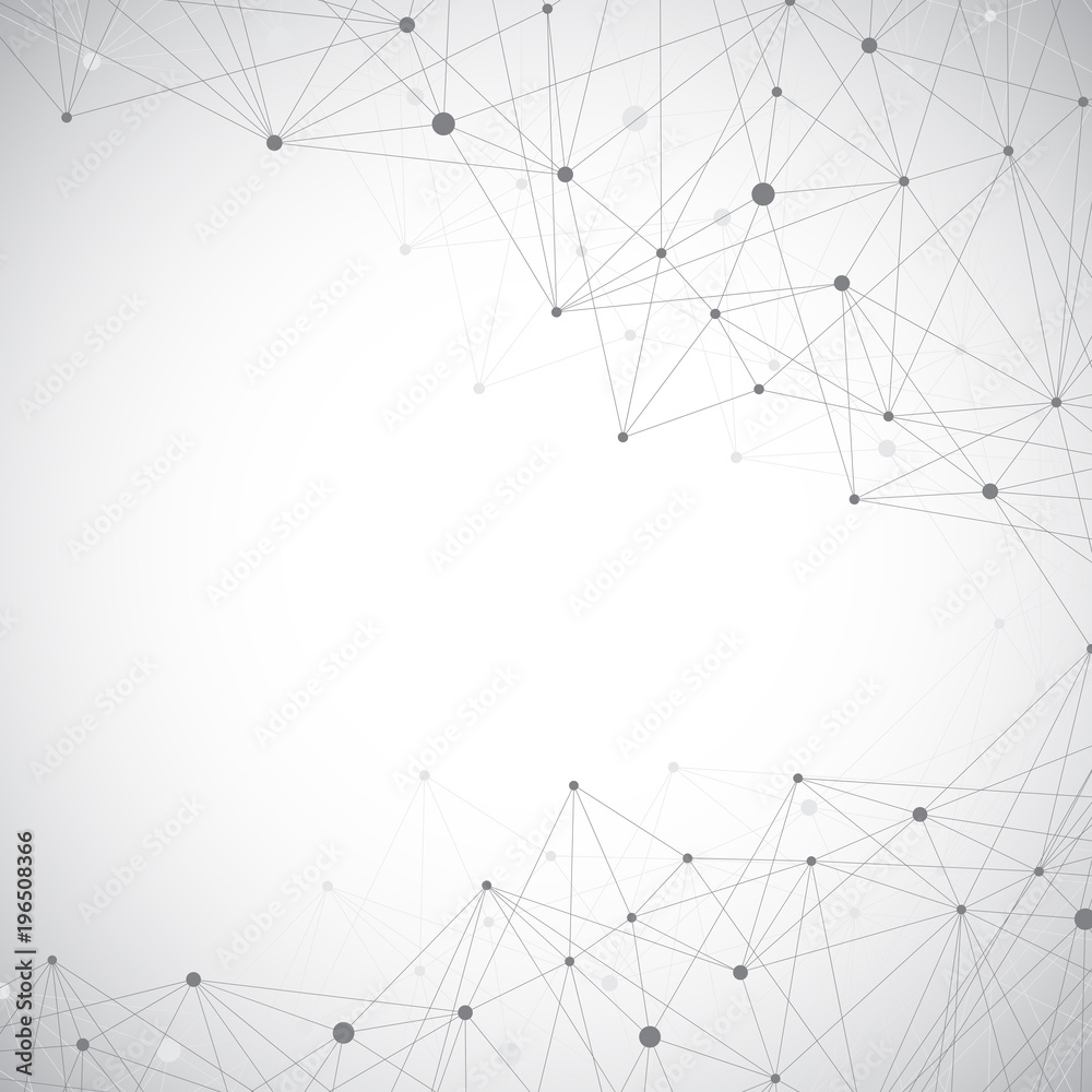 Poster Grey graphic illustration with connected line and dots. Molecule and communication background for your design and your text
