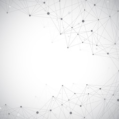 Grey graphic illustration with connected line and dots. Molecule and communication background for...