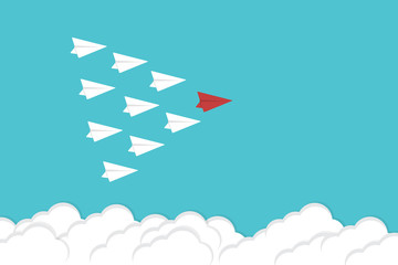 leadership concept with red and white plane on blue sky. New idea, change, trend, courage, creative solution, innovation and unique way concept.

