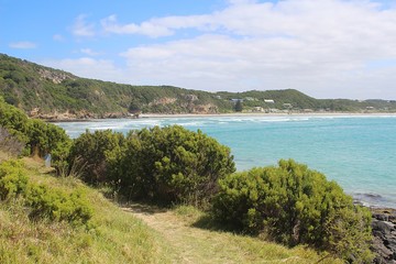 Hiking trail at Cape Bridgewater with view on beautiful turquoise water of the Southern Ocean in Victoria, Australia