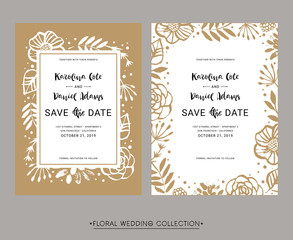 Save the Date. Wedding invitation calligraphy floral cards with catchwords. Modern lettering. Hand drawn design elements. Vector illustration.