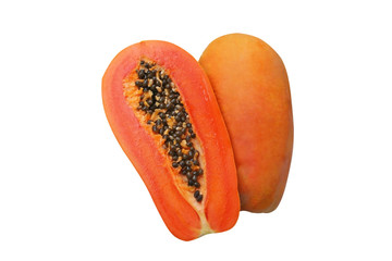 Fresh ripe papaya half wih seed isolated on white background