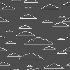 Obraz premium Cloud seamless pattern white contour on black background. Vector illustration.