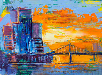 Abstract oil painting cityscape, with skyscrapers against a sunset.