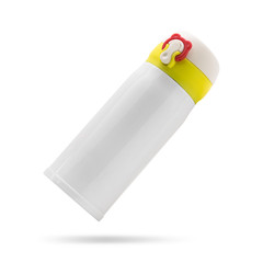 Yellow steel bottle isolated on white background. Insulated drink container. ( Clipping path )