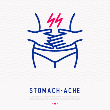 Stomach ache thin line icon. Modern vector illustration of menstrual pain, poisoning or diarrhea.