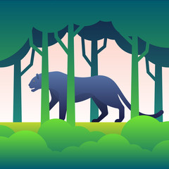 Black panther flat illustration in the forest 
