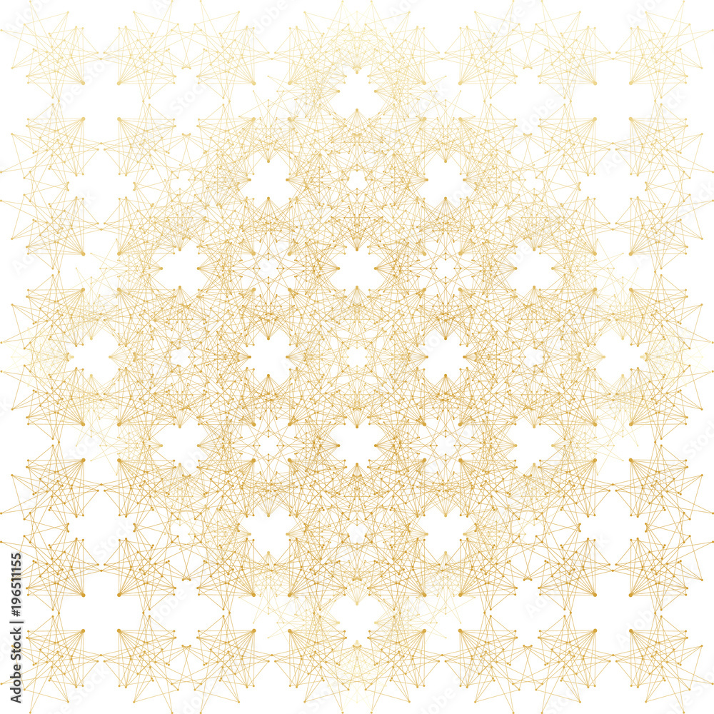 Poster Geometric abstract background. Connected line and dots. Linear golden grid with circles in nodes. Reticulated gold monochrome texture illustration
