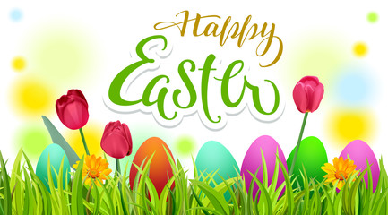 Happy easter text greeting card. Season spring green grass, colored eggs and flowers
