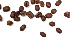 Coffee beans pile isolated on white background and texture, top view
