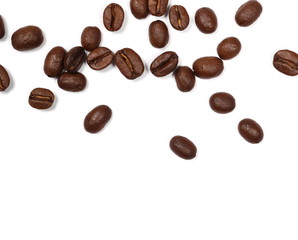 Coffee beans pile isolated on white background and texture, top view
