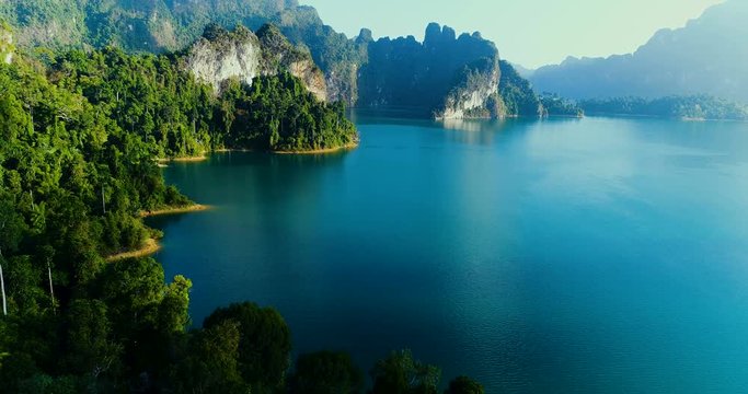 Aerial drone view of beautiful mountains and lake in Khao Sok National Park, Surat Thani, Thailand