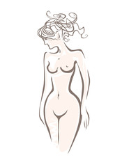 Beautiful naked sexy woman with upwardly carelessly curly hair. Sketch vector illustration embodiment of beauty, health, grace, attraction.