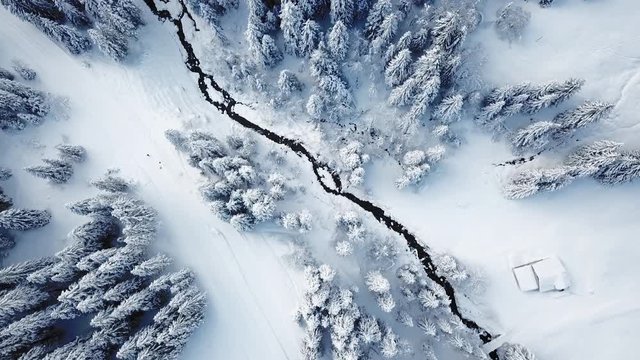 Beautiful nature - winter landscape aerial shot. Flying over a forest covered with snow and a dark river