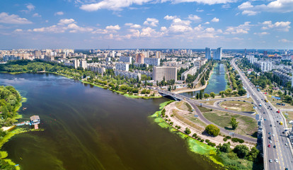 Fototapeta na wymiar Aerial view of Rusanivka district of Kyiv, Ukraine