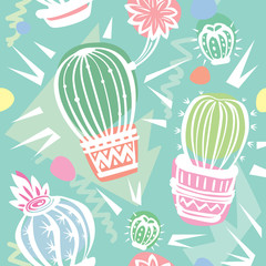 Seamless pattern with cute cactuses