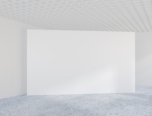 Empty bright office room with large billboard. Light ray on wall. 3D Rendering.