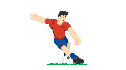 Soccer player hits the ball. Flat vector illustration. Isolated on white background