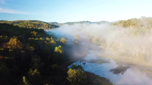 Beautiful early morning aerial of fog in Appalachia West Virginia.