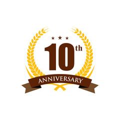 10 years old luxurious logo. Anniversary year of 10 th vector gold colored template. Greetings ages celebrates. 1 st place symbol of victory and success.