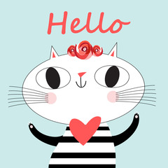 Vector holiday greeting card with a loving funny cat
