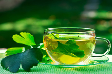 Glass of Herbaceous Tea with Ginkgo Leaves