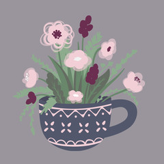 Vector flowers in cup. Cute Greeting card. Spring floral illustr