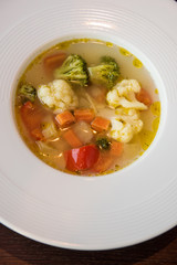 Light soup of fresh vegetables. Healthy food. Low-Carb Diet. Vegetarian food.