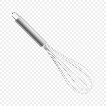 Vector realistic 3D metal wire steel whisk icon closeup isolated on transparency grid background. Cooking utensil, egg beater. Design template for graphics, mockup