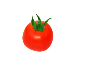 Red tomatoes and green leaves isolated on white background.