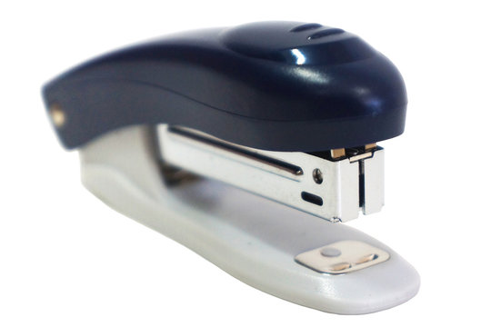 Dark Blue Office Stapler Isolated On White Background, Close Up