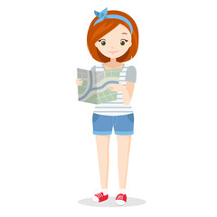 Girl in vacation - young woman on holidays, city tourism, holding a map. Cute vector character in flat style.