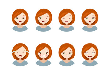 Woman's emotions - collection of a different emotions, happy, sad, angry, scared, crying, tired, cheerful, wink. Vector illustrations with cute cartoon girl