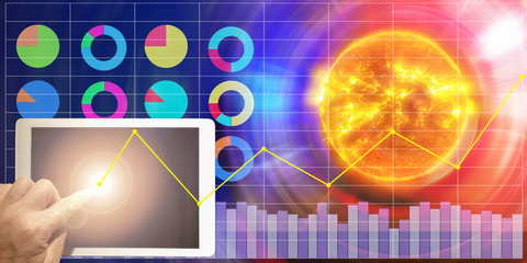 Advance Technology and the power of connection can control everything.Finger press on tablet screen analyse big data and research presentation on cloud technology.Image of sun furnished by NASA.